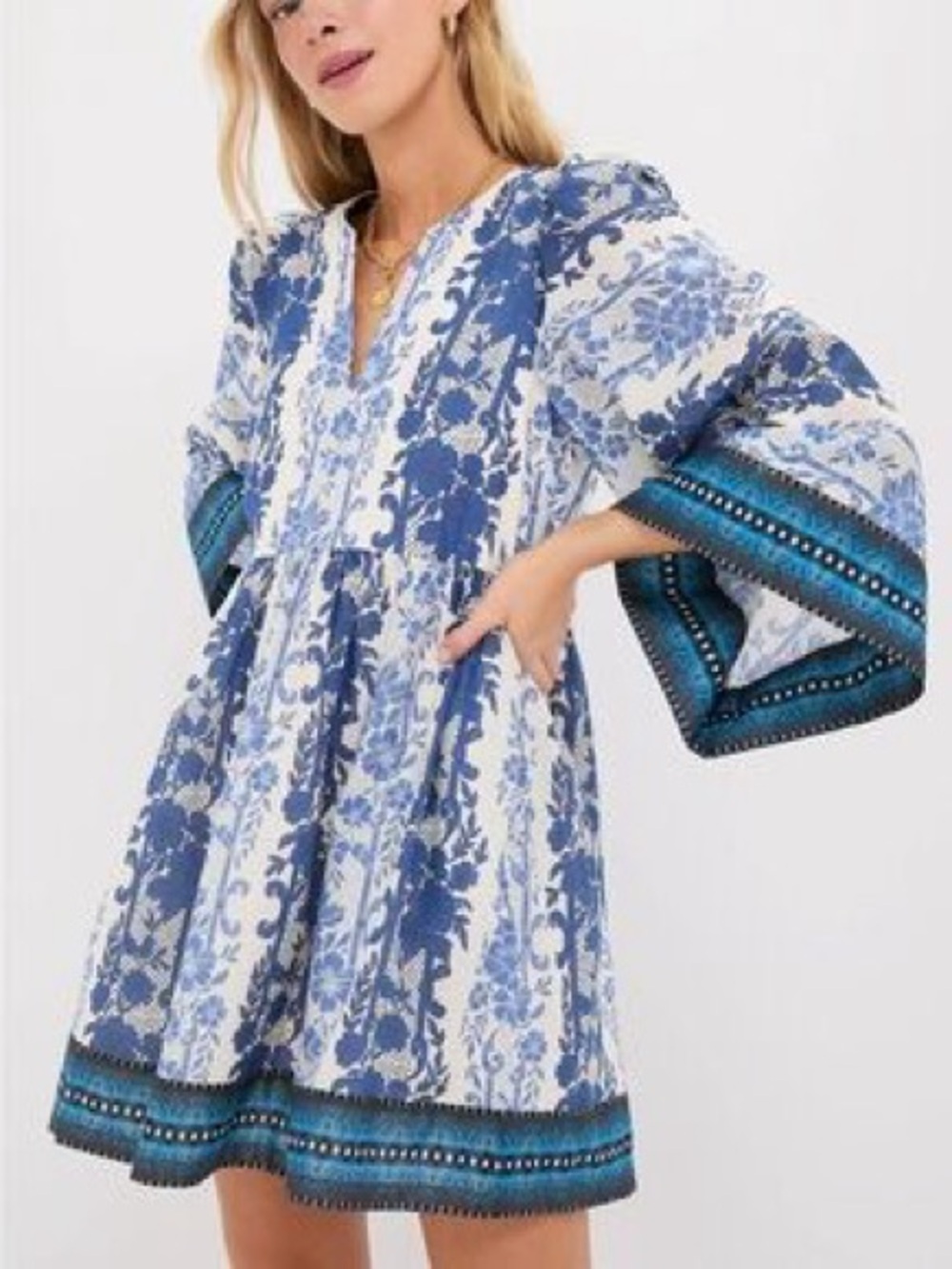 Tuckernuck Blue and White Floral Bell-Sleeve Mini Dress 100% cotton